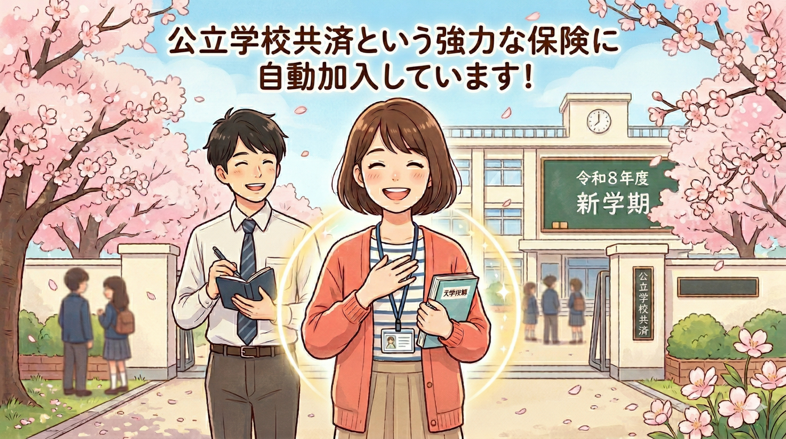 サムネイラスト。先生方は公立学校共済という強力な保険に自動加入しています!